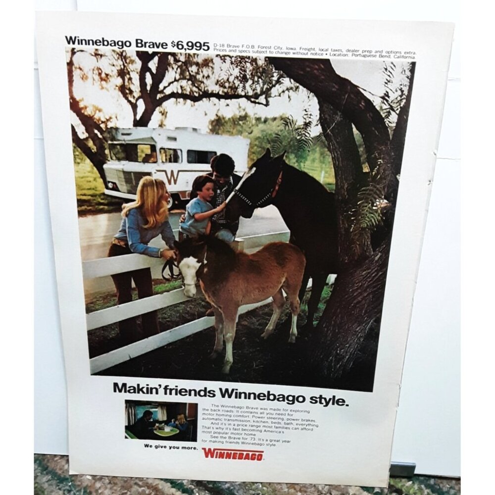 1973 Winnebago Brave Makin Friends Horses Original Print Ad